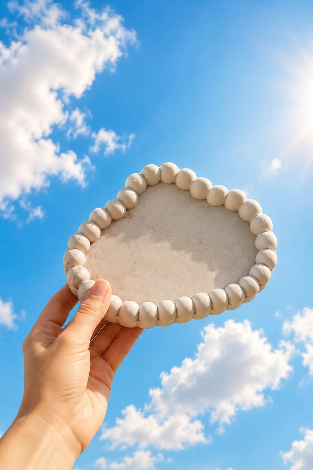 Hand holding a cloud-shaped tray against the sky