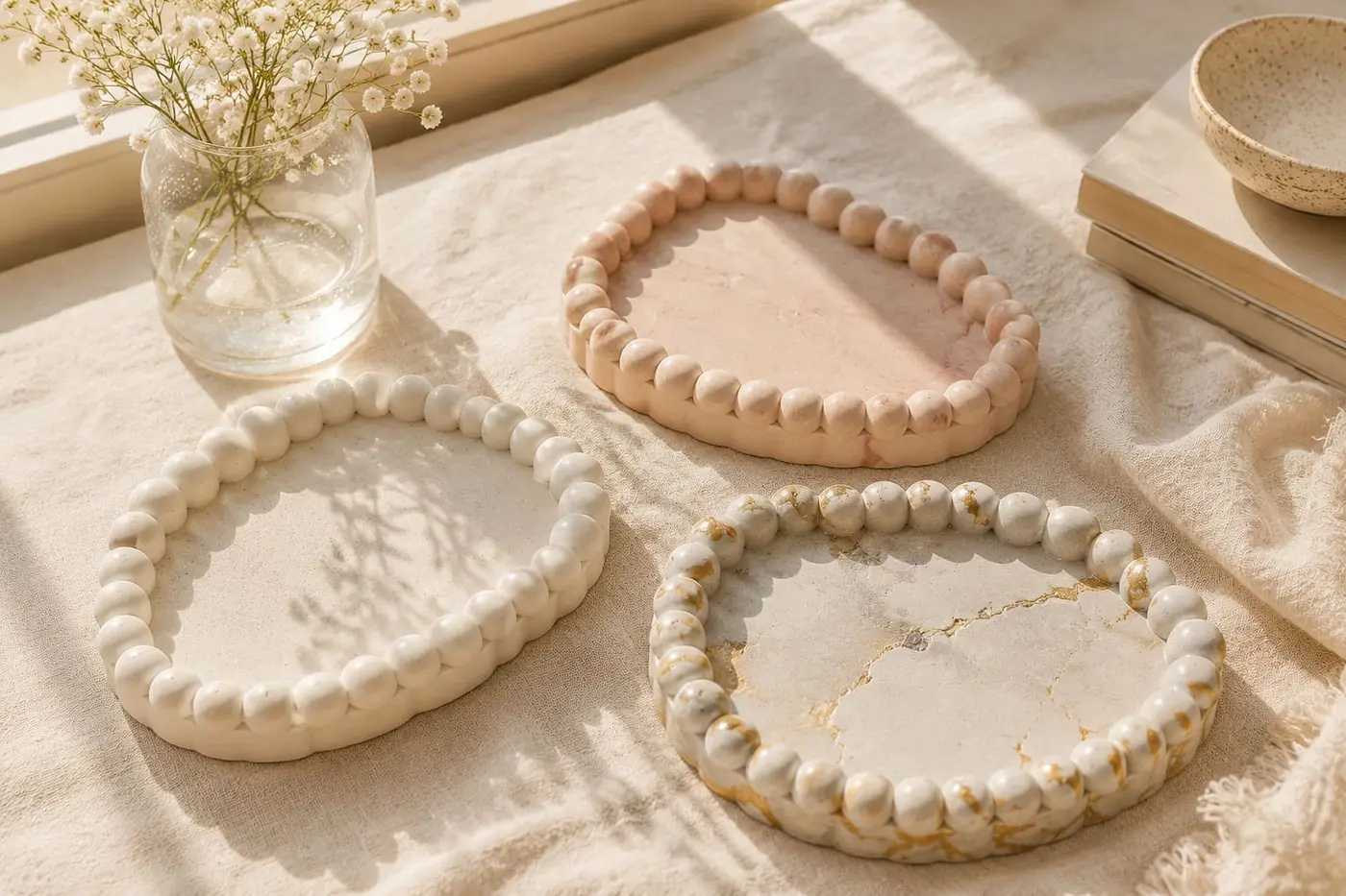Three trays on a sunlit linen table